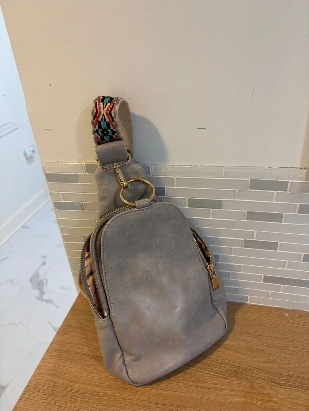 Altar'd State Taupe Crossbody with Multicolor Woven Strap